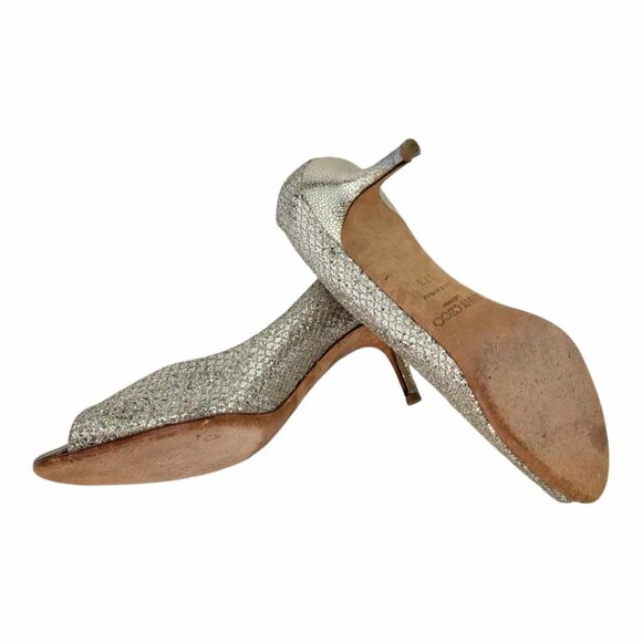 AUTHENTIC JIMMY CHOO Isabel Metallic Peep Toe Pump Sz 37.5IT (US7.5) - Champagne - Picture 9 of 10